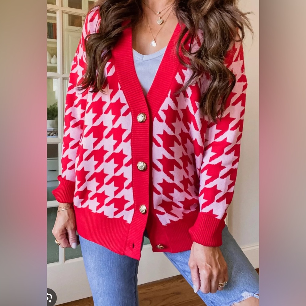 River island red and pink Chic Houndstooth Cardigan gold buttons US 14-16